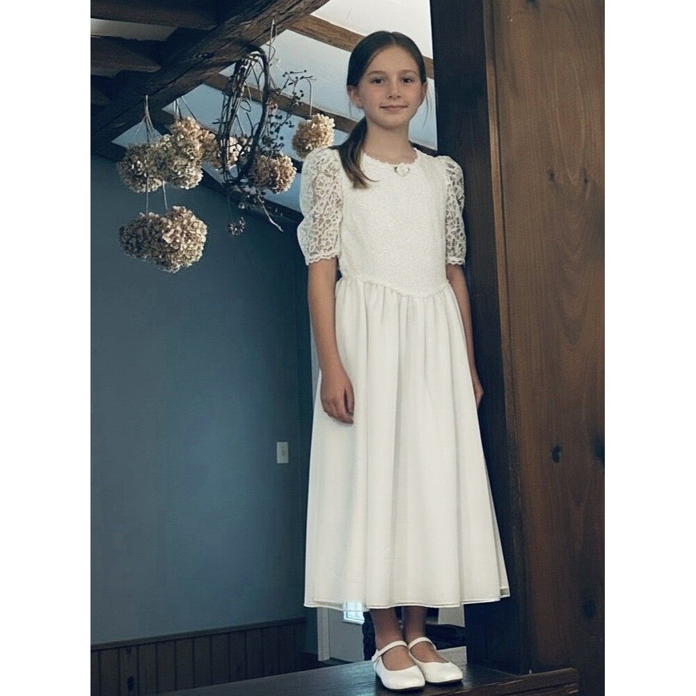 Jo Lene Vintage Girl's White  Lace Dress Flower Girl Communion Size 14